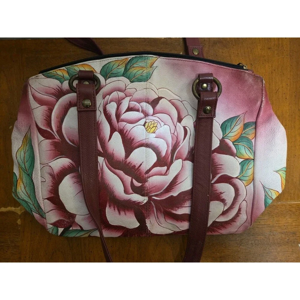 Anuschka Anna Hand Painted Leather Shoulder Bag Purse Precious Peony Pink Maroon